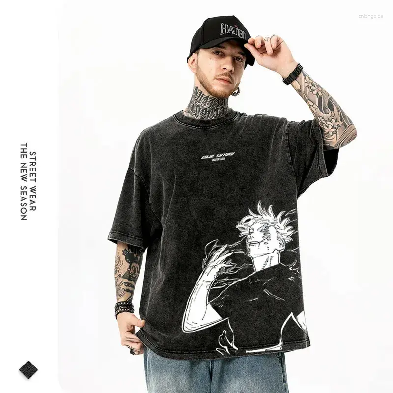 Men's T Shirts Anime Jujutsu Shirt Vintage Washed Gojo Saturo T-shirts Men Retro Streetwear Short Sleeve Manga Gojo Toji Tops Tees (S, A1)