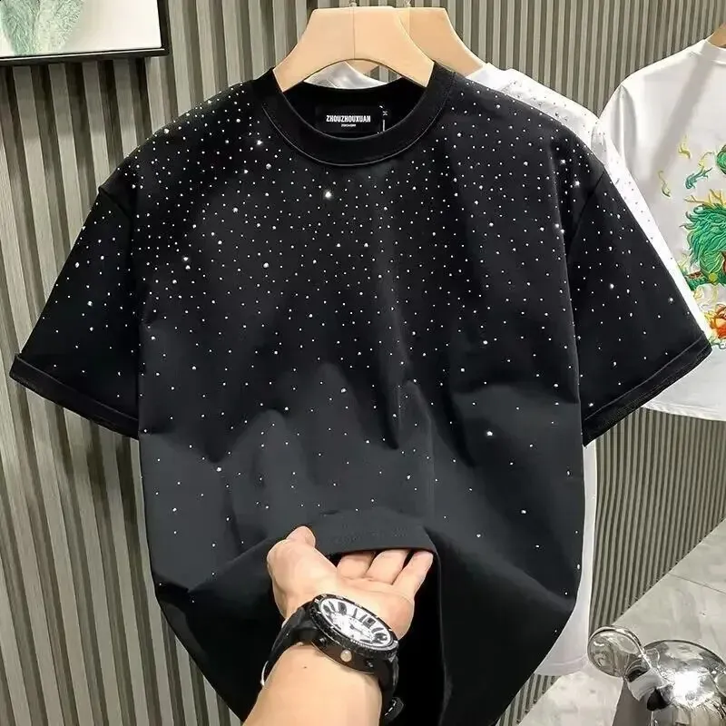 Summer Rhinestone Rivet T shirt For Men Clothing Round Neck Casual t shirt Designer Fashion High Street Mens Summer Short Sleeves hoodie graphic tee polo shirts (S)