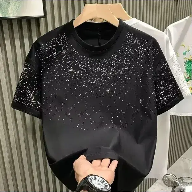 Summer Rhinestone Rivet T Shirt for Men Clothing Round Neck Casual t shirt Designer Fashion High Street Men's Summer Short Sleeves hoodie graphic tee polo shirts (S)