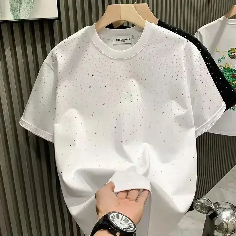 Summer Rhinestone Rivet T Shirt for Men Clothing Round Neck Casual t shirt Designer Fashion High Street Men's Summer Short Sleeves hoodie graphic tee polo shirts (S)