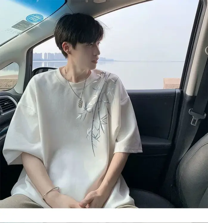 Retro Branch Designer Short Sleeves Print Short Sleeve T-shirt For Men 2025 Spring Summer Trendy Cool Loose Round Neck Half Sleeve Top (M)