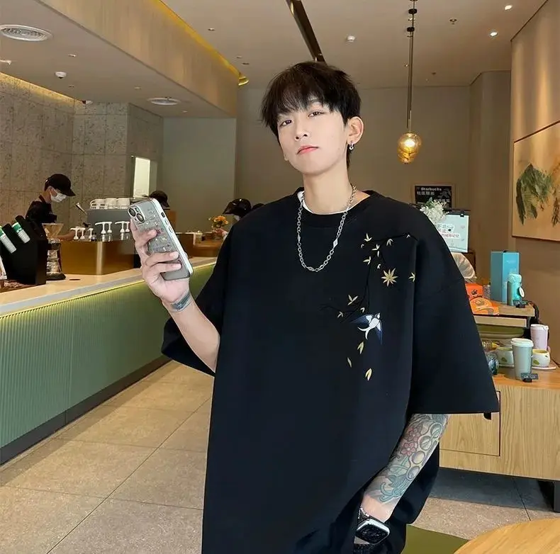 Chinese Style National Style Printed Short Sleeve T-shirt Designer Short Sleeves For Men Summer New Heavyweight Pure Cotton Oversize Loose Half Sleeve Tee