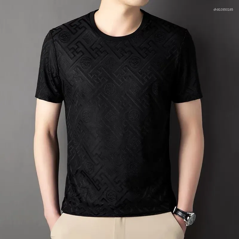 Men's T Shirts High End Brand Fashion Printed Short Sleeve T-shirt Men Summer Ice Silk Plaid Round Neck Casual Breathable Top (XS)