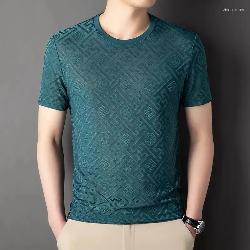 Men's T Shirts High End Brand Fashion Printed Short Sleeve T-shirt Men Summer Ice Silk Plaid Round Neck Casual Breathable Top  (XS)
